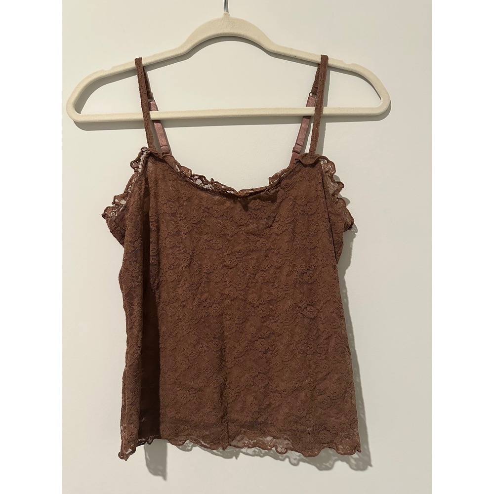 Old Navy Brown Lace Cami Top Adjustable Straps Ruffle Neck Floral Mesh Small